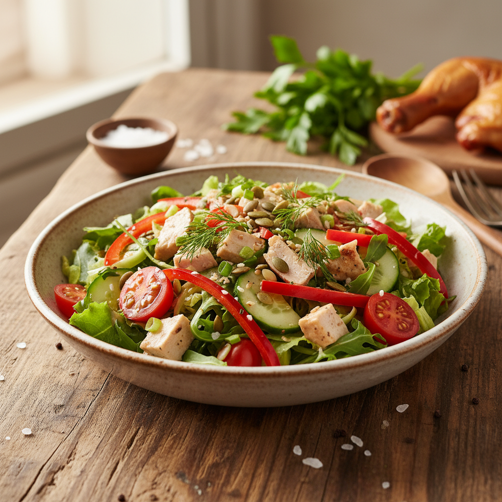 Maitsev ja toitev suitsukanasalat valmib minutitega