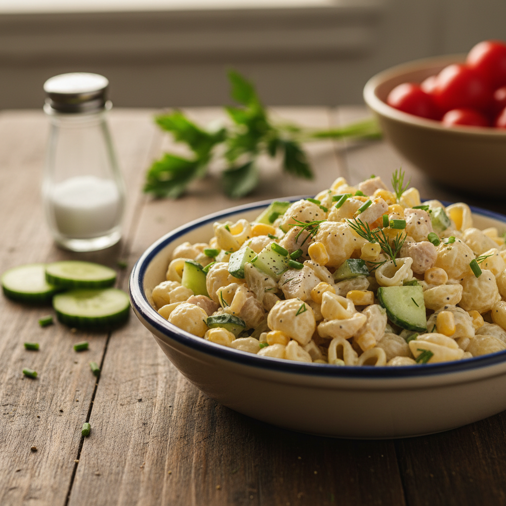 Makaroni-suitsukanasalat: klassikaline peolaua lemmik