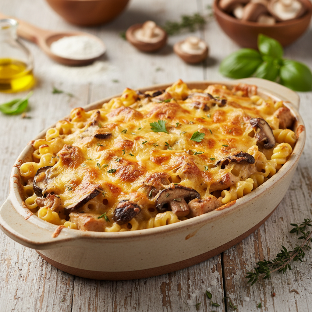 Lihtne ja maitsev makaronivorm kana ja seentega