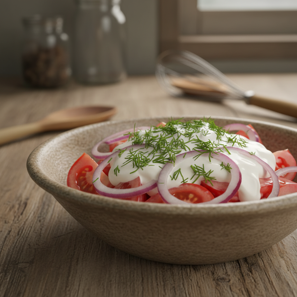 Lihtne tomati-sibulasalat hapukoorega – parim lisand toidule